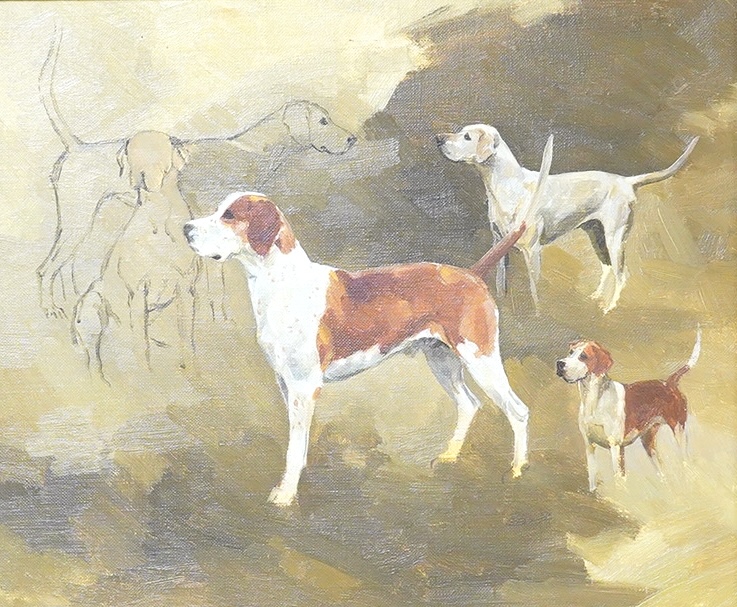 Ruth Gibbons (b.1945), ‘Hound studies, The Suffolk’, unsigned, The Tryon Gallery, London label verso, oil on canvas, 24 x 29cm